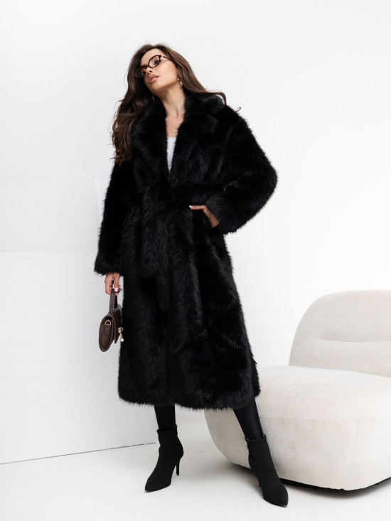 Palton elegant negru cu curea și căptușeală