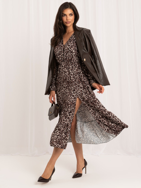 Rochie midi negru-bej cu volan și imprimeu animalier