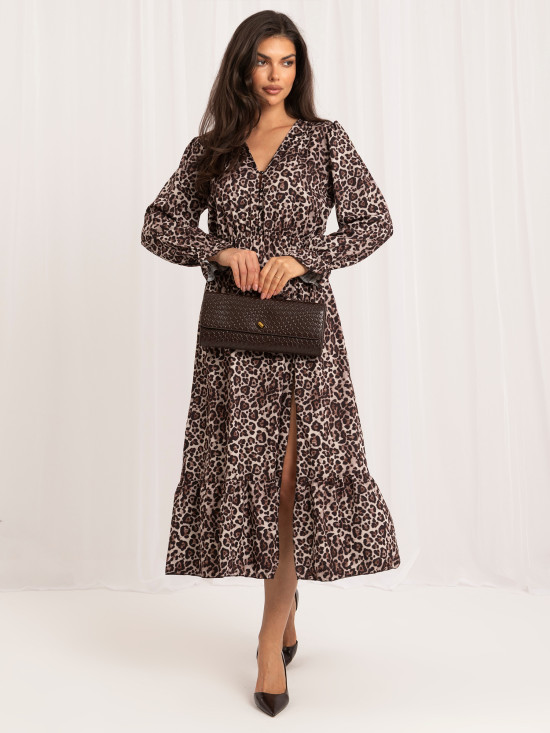 Rochie midi negru-bej cu volan și imprimeu animalier