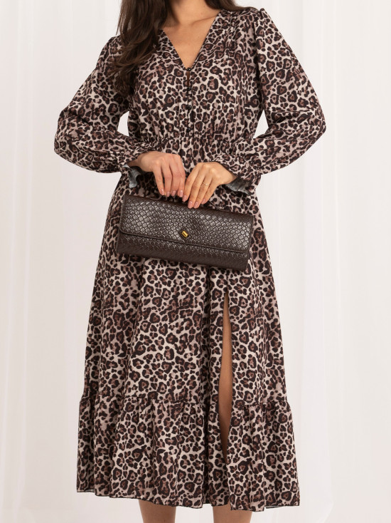 Rochie midi negru-bej cu volan și imprimeu animalier