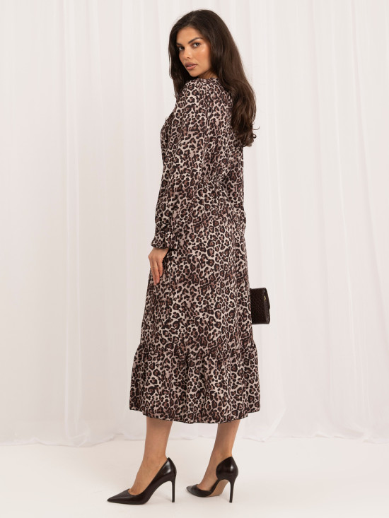 Rochie midi negru-bej cu volan și imprimeu animalier