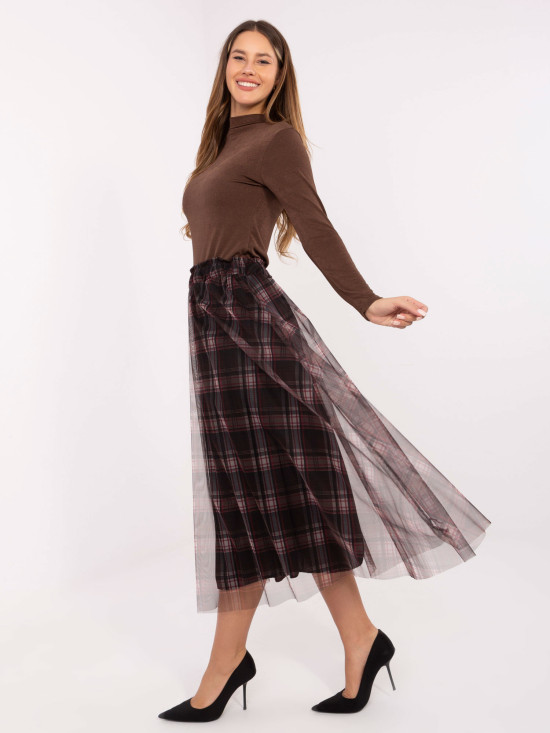 Fustă elegantă din tul negru cu model în carouri, midi