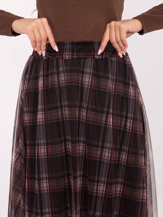 Fustă elegantă din tul negru cu model în carouri, midi