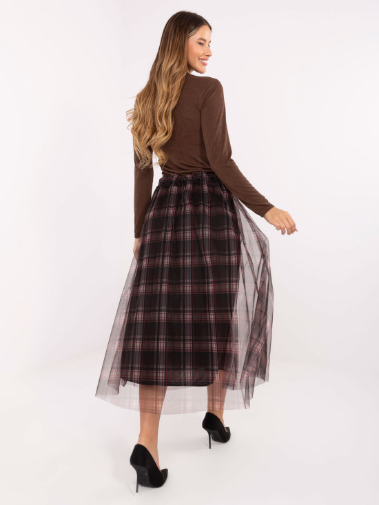Fustă elegantă din tul negru cu model în carouri, midi