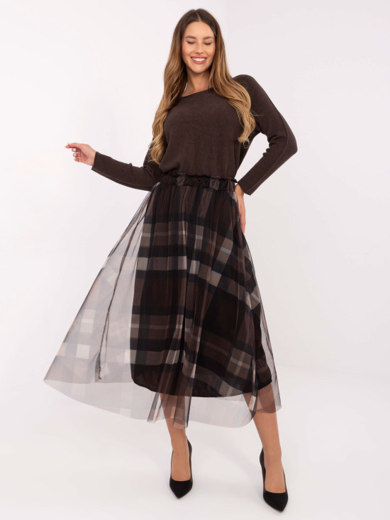 Fustă midi elegantă negru-maro cu model în carouri