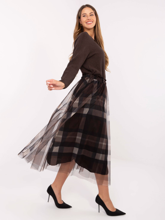 Fustă midi elegantă negru-maro cu model în carouri