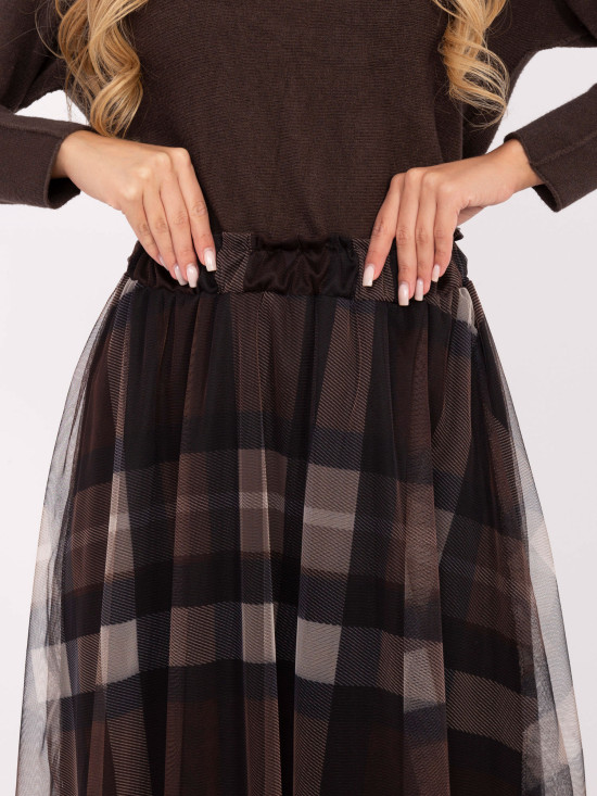 Fustă midi elegantă negru-maro cu model în carouri