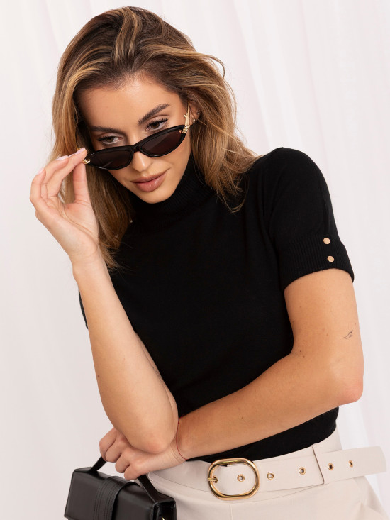 Pulover elegant negru cu mânecă scurtă și guler înalt