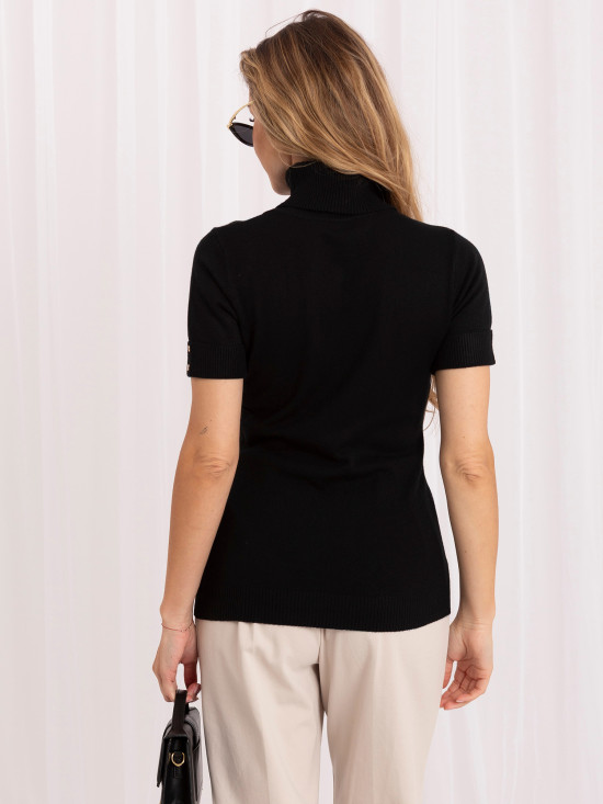 Pulover elegant negru cu mânecă scurtă și guler înalt