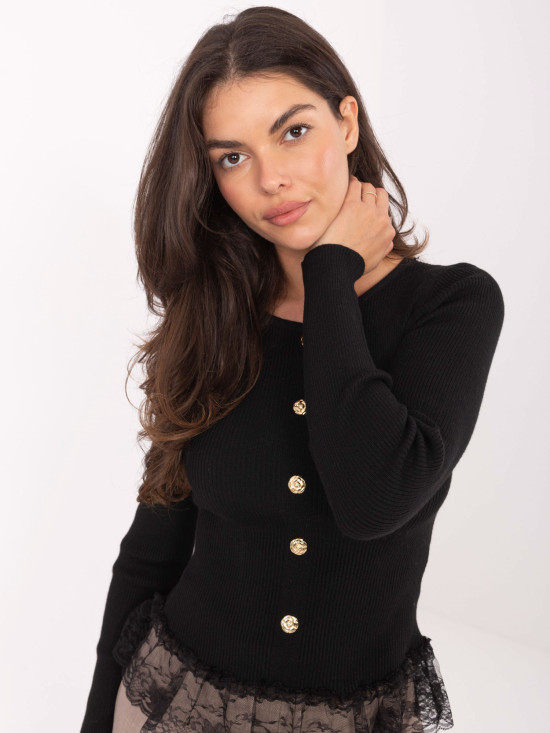 Pulover elegant negru cu dantelă și nasturi