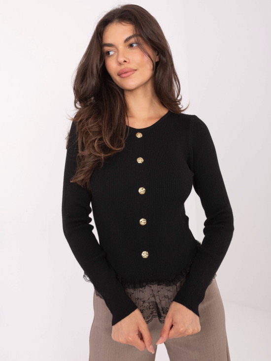 Pulover elegant negru cu dantelă și nasturi