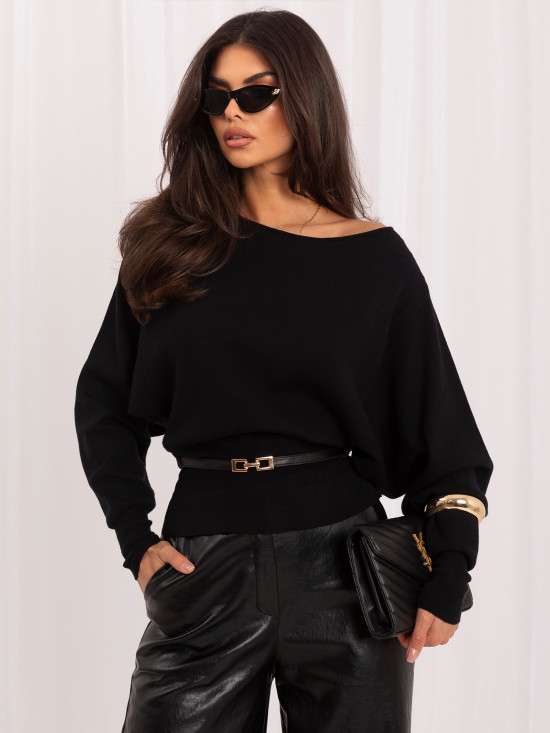 Pulover elegant negru cu curea și decolteu tip bărcuță