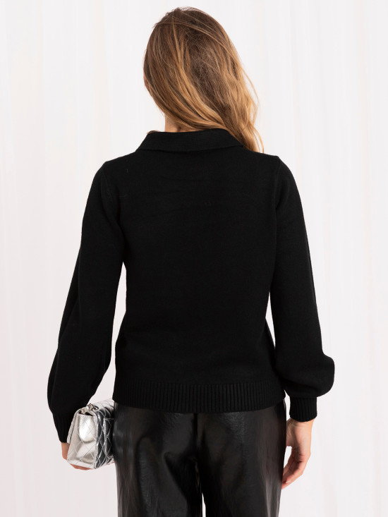 Pulover polo elegant negru cu guler și nasturi