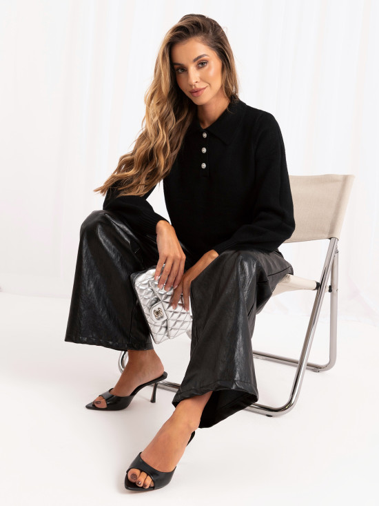 Pulover polo elegant negru cu guler și nasturi