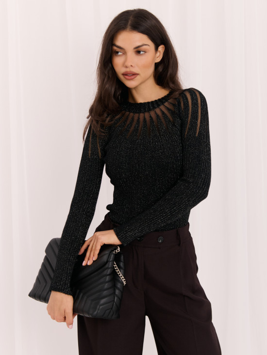 Pulover elegant negru cu decolteu rotund