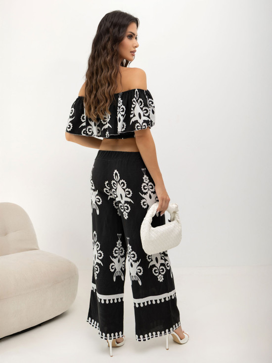 Set boho negru cu bluză și pantaloni