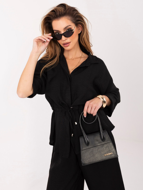 Set elegant negru cu cămașă și pantaloni largi