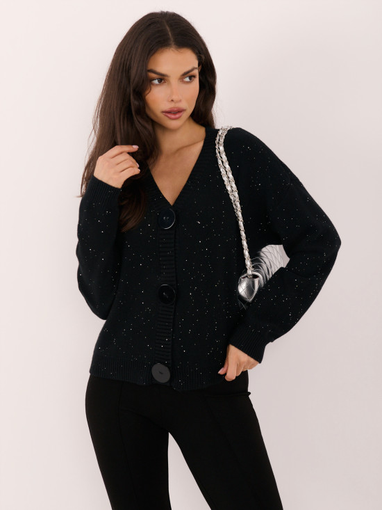 Pulover elegant negru cu paiete și nasturi