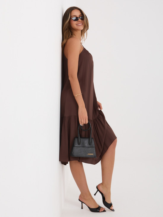Rochie midi evazată maro cu volan
