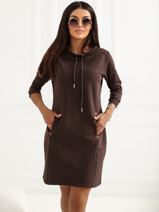 Rochie mini din bumbac maro cu mâneci 3/4