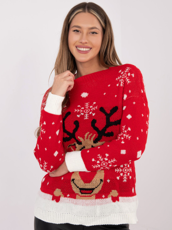 Pulover roșu cu imprimeu și decolteu rotund
