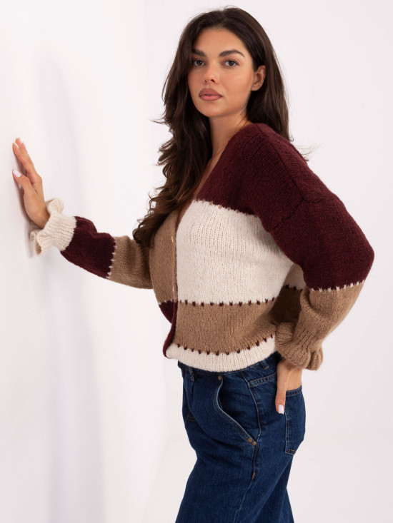 Pulover bordo în dungi cu volan și decolteu în V