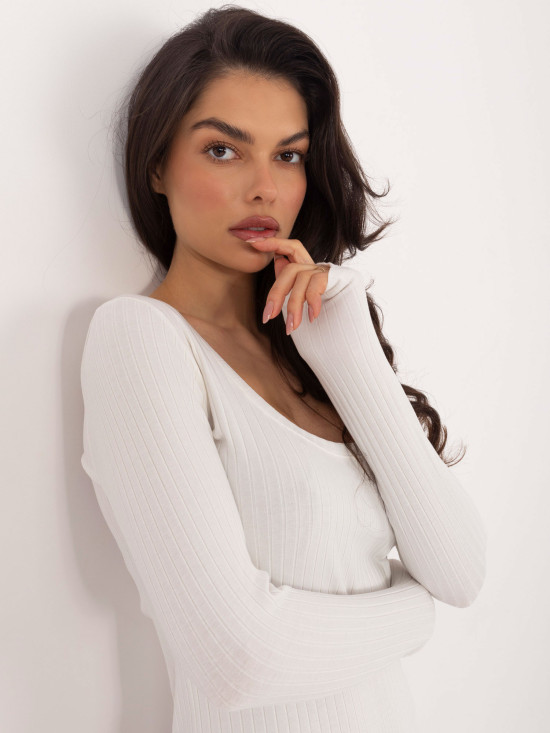 Body din bumbac ribat cu mâneci lungi, culoare ecru