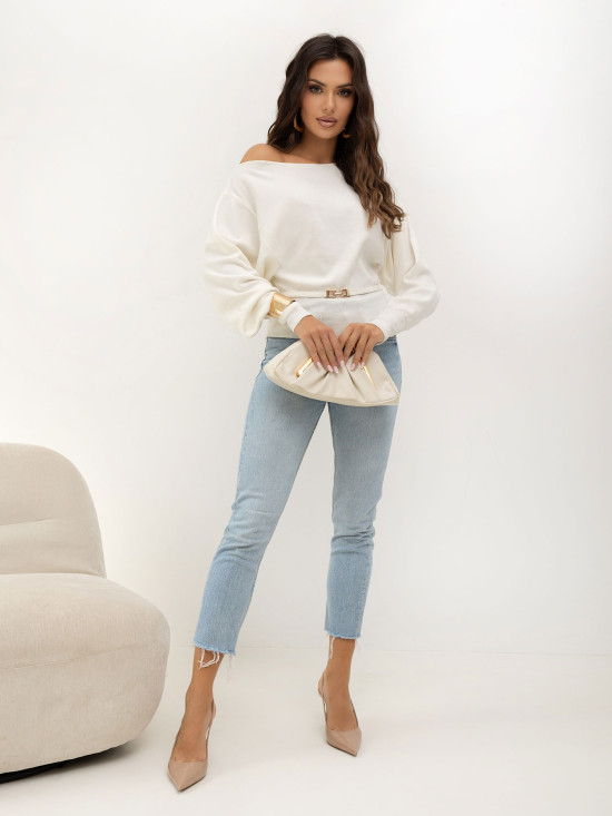 Pulover elegant ecru cu curea
