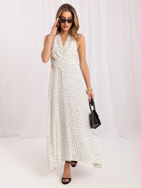 Rochie maxi albă cu buline bleumarin și cordon