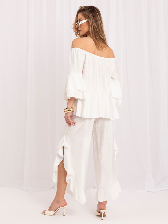 Set elegant cu bluză și pantaloni ecru