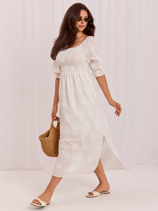 Rochie midi din bumbac cu broderie și mâneci 3/4