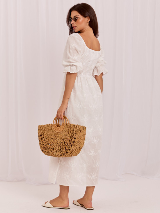 Rochie midi din bumbac cu broderie și mâneci 3/4