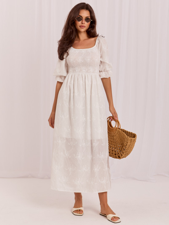Rochie midi din bumbac cu broderie și mâneci 3/4