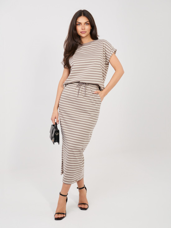 Fustă midi bej cu dungi și buzunare