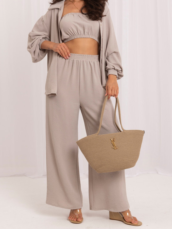 Set bej cu top, cămașă și pantaloni