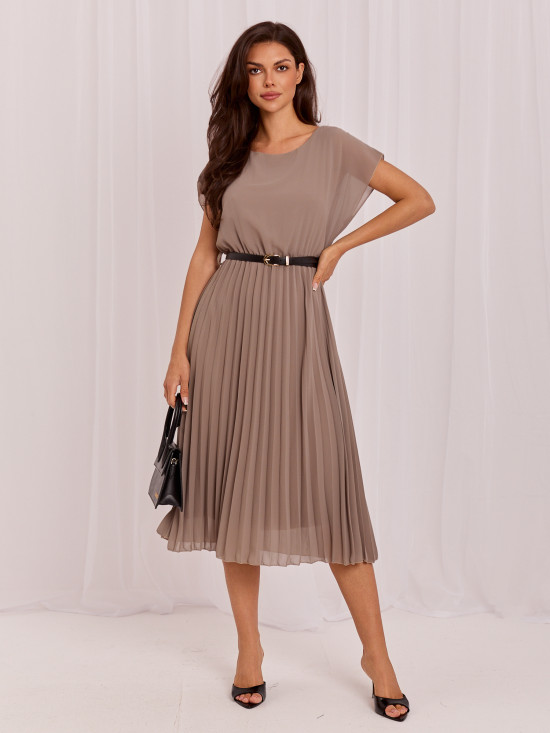 Rochie midi bej plisată cu curea