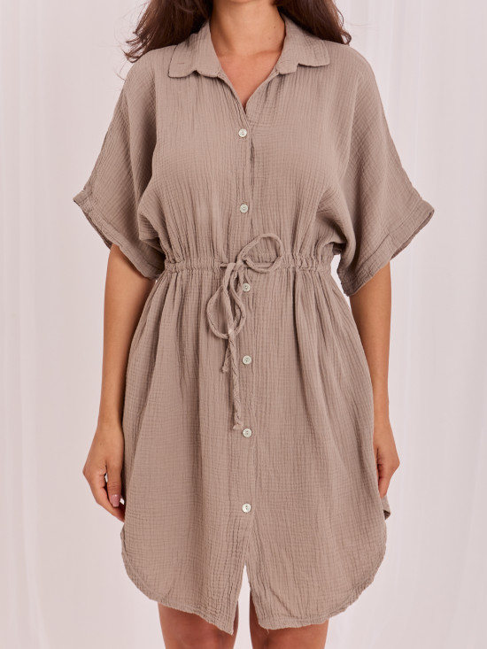 Rochie bej oversize de vară cu guler