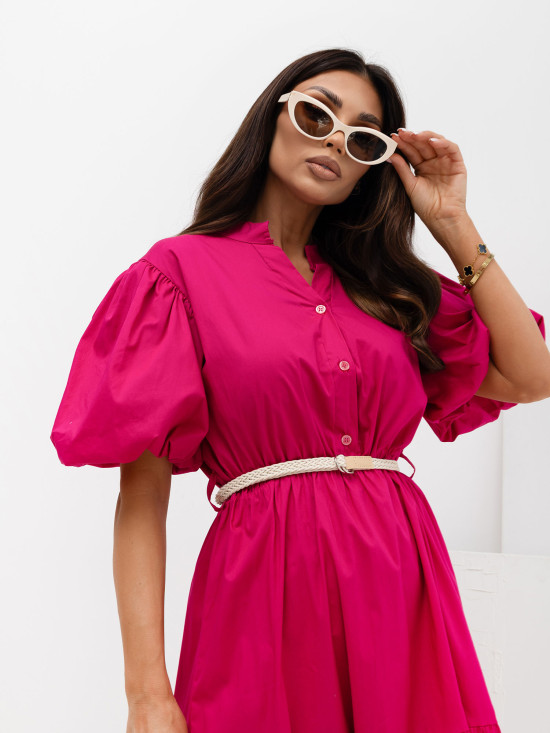 Rochie midi roz cu curea și volan