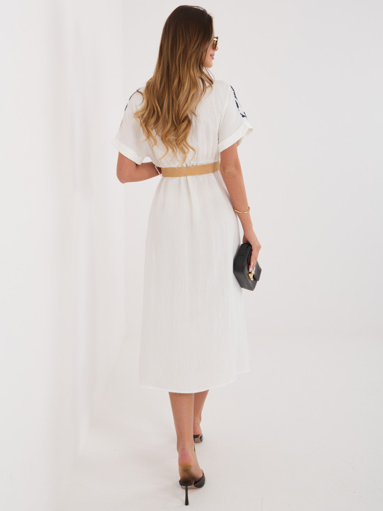 Rochie midi tip cămașă alb-bleumarin cu broderie și curea