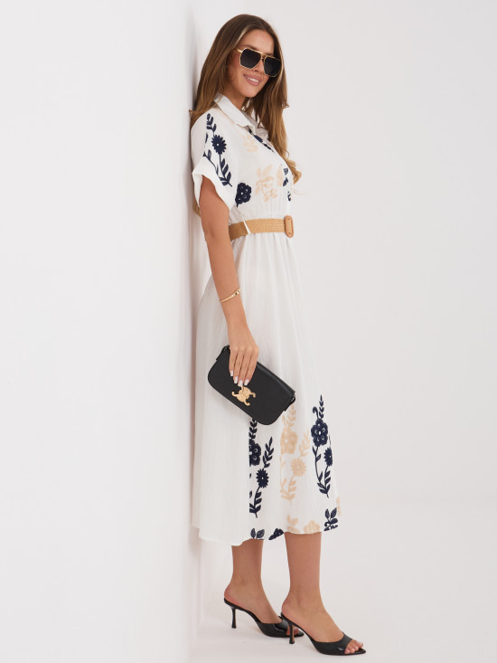 Rochie midi tip cămașă alb-bleumarin cu broderie și curea