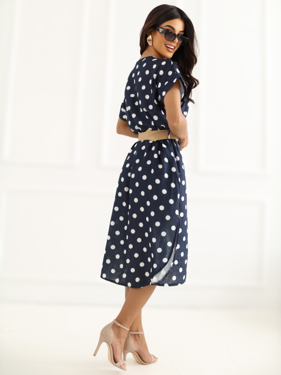 Rochie midi bleumarin cu buline și curea