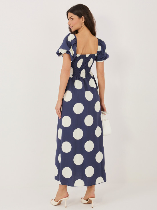 Rochie maxi bleumarin cu buline și umeri goi