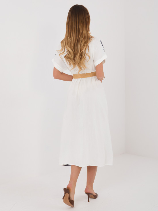 Rochie midi cămașă alb-bleumarin cu broderie și curea