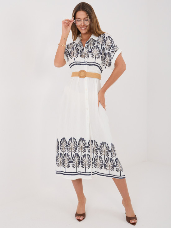 Rochie midi cămașă alb-bleumarin cu broderie și curea