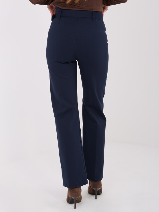 Pantaloni eleganți bleumarin din material cu talie înaltă și curea