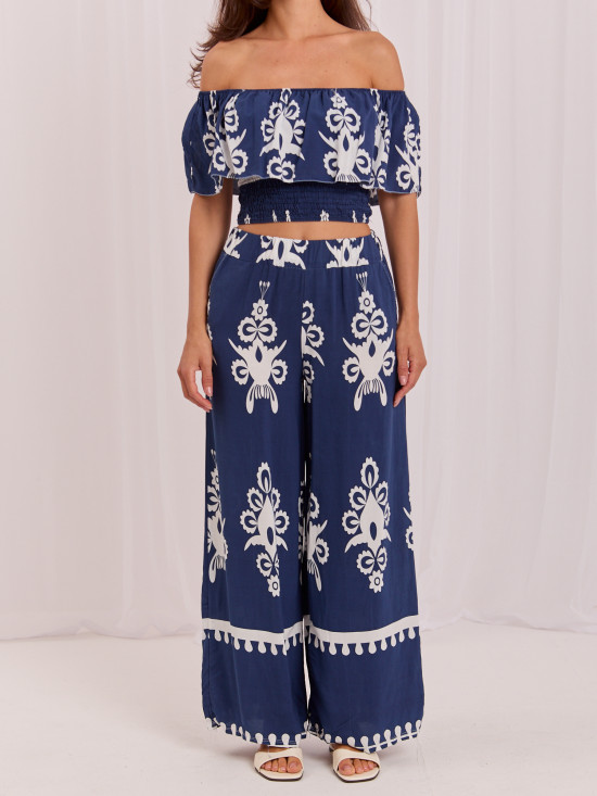 Set boho cu bluză și pantaloni, albastru