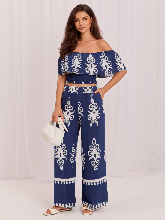 Set boho cu bluză și pantaloni, albastru