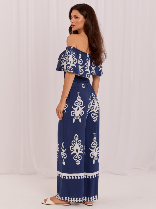Set boho cu bluză și pantaloni, albastru