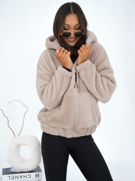 Hanorac bej cu glugă și fermoar