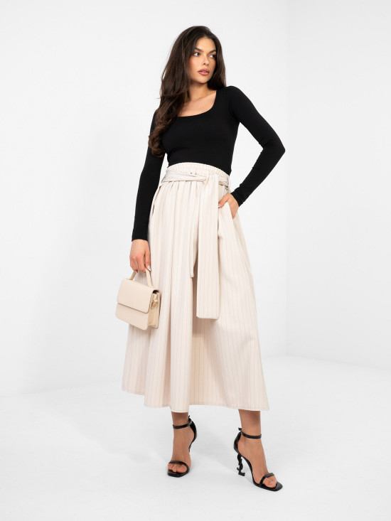 Fustă midi elegantă bej cu dungi și curea
